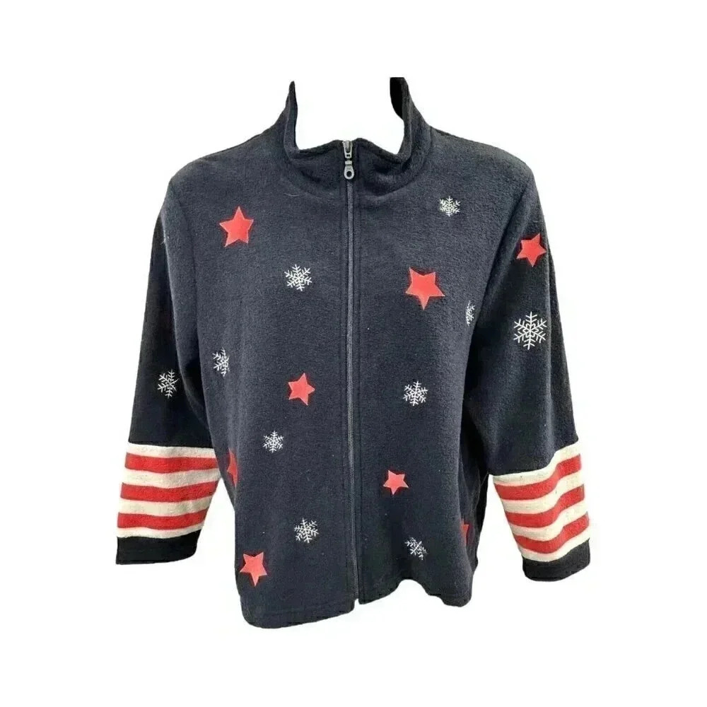 Christopher & Banks Navy Zip-Front Sweater with Red Stars & White Snowflakes